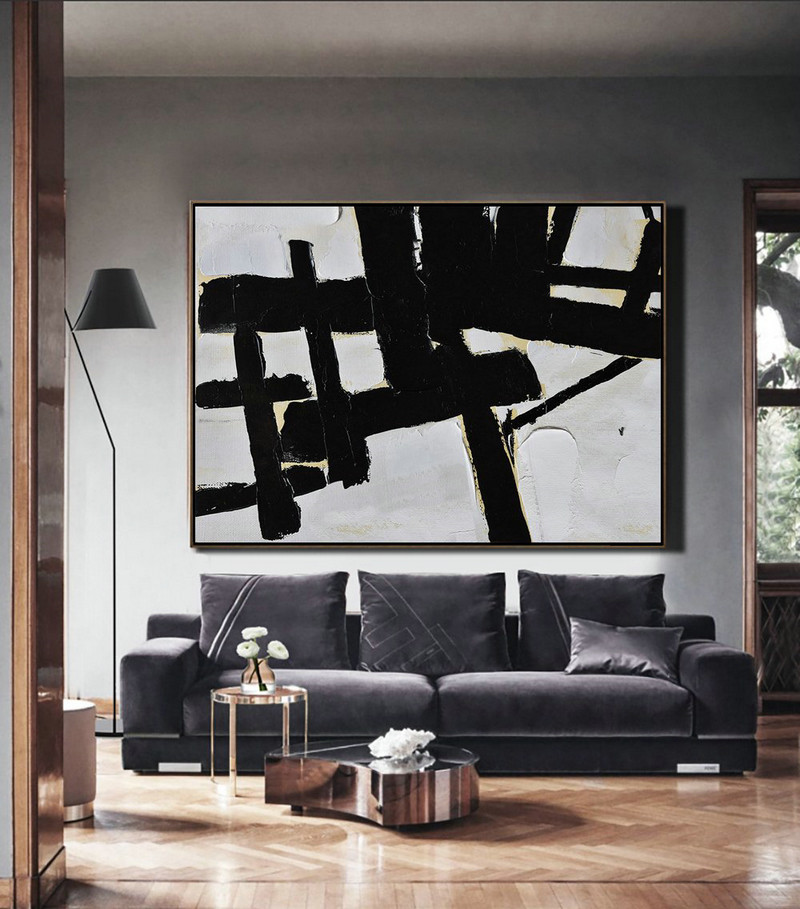 Acrylic Painting On Canvas,Horizontal Palette Knife Minimal Canvas Art Painting Black White Beige - Original Art Acrylic Painting